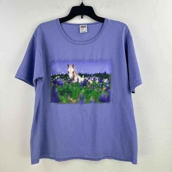 Vintage Anvil Tshirt Womens L Purple Animal‎ Horse Print Field Of Flowers - Picture 1 of 8